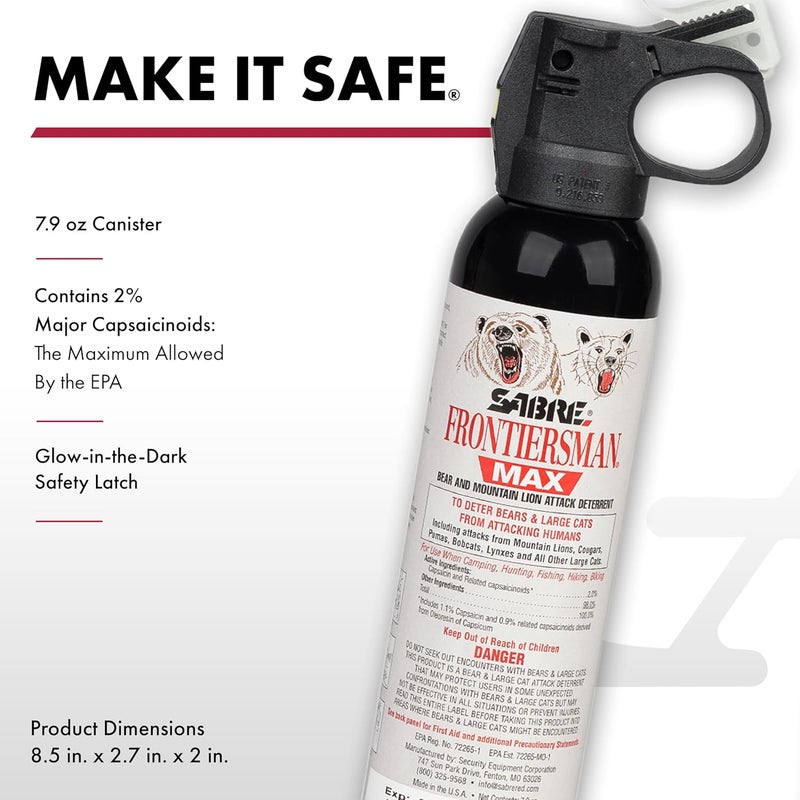sabre Frontiersman MAX Bear Spray – 40 ft Range, Maximum Strength, The Only EPA-Registered Spray for Bears & Mountain Lions, 7.9 oz, Glow Safety Clip, Outdoor Hiking & Camping Protection - Image 1